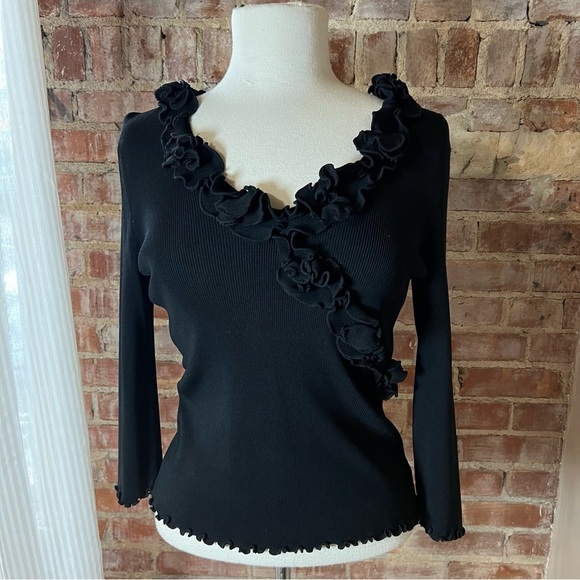 Y2K Black Ruffled Women's Rib Knit Top -Size S -TP29 - Picture 2 of 8